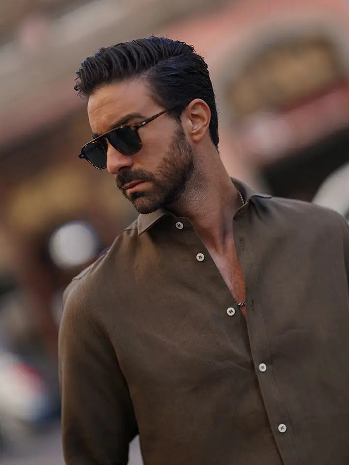 Faire,Donato, Donato Brown Linen Midweight Long Sleeve Button Up Shirt, Brown, Large-45-TagLSmall-41-TagS