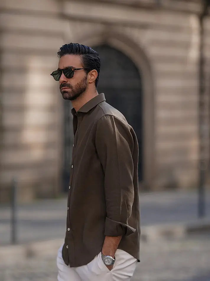 Faire,Donato, Donato Brown Linen Midweight Long Sleeve Button Up Shirt, Brown, Large-45-TagLSmall-41-TagS