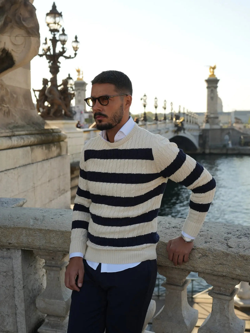 Donato Cream And Navy Horizontally Striped Cable Knit Crewneck Sweater –