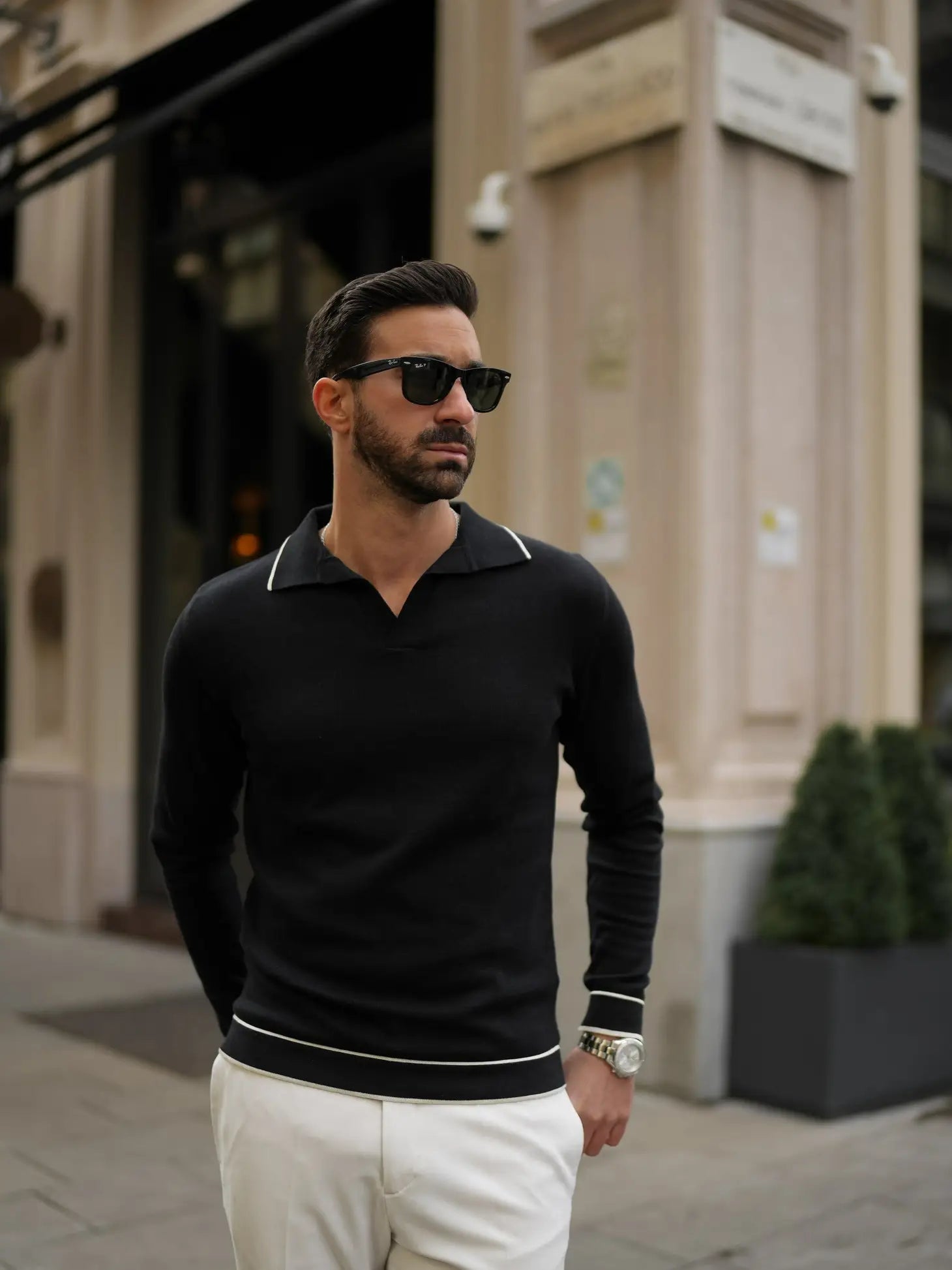 Faire,Donato, Donato Black Knit Buttonless Long Sleeve Polo With White Stripe Detail, Black, Small-39-TagS