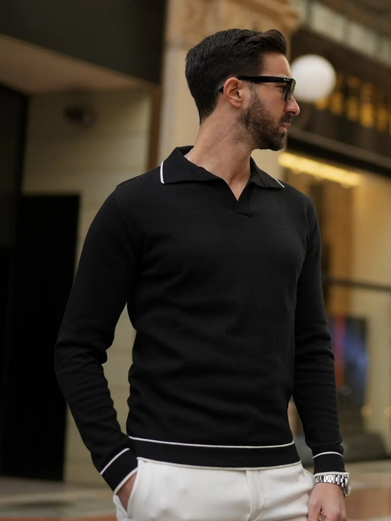 Faire,Donato, Donato Black Knit Buttonless Long Sleeve Polo With White Stripe Detail, Black, Small-39-TagS