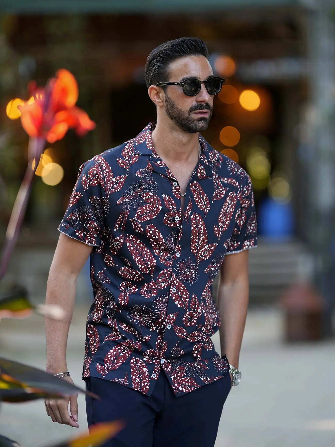 Faire,Donato, Donato Navy With Maroon Floral Leaf Print Short Sleeve Button Up Shirt, Blue, Large-45-TagL