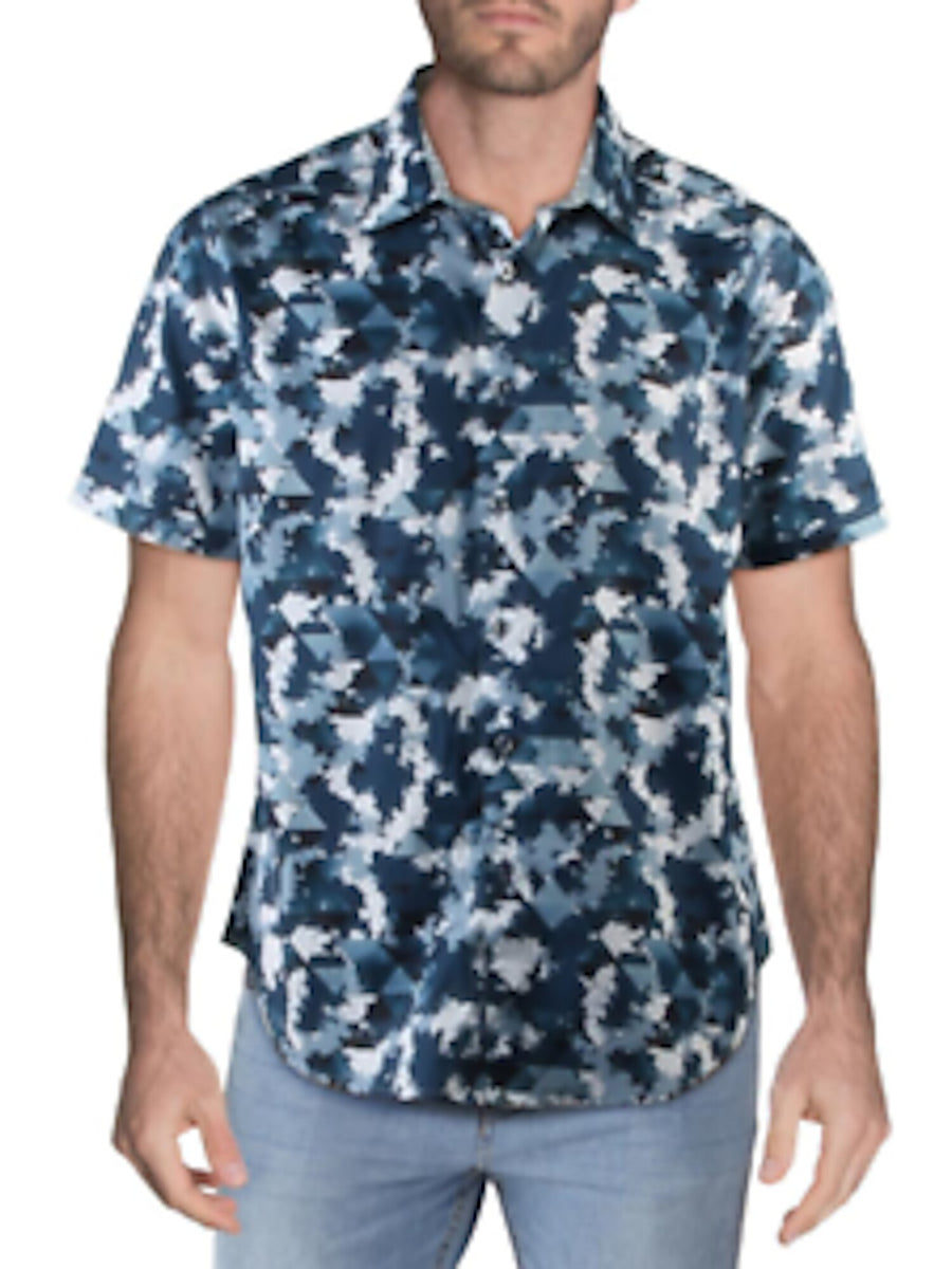 Bobbi + Bricka,Robert Graham, Robert Graham Blue Camo Print Short Sleeve Button Up Shirt, Blue, Large-48-TagL