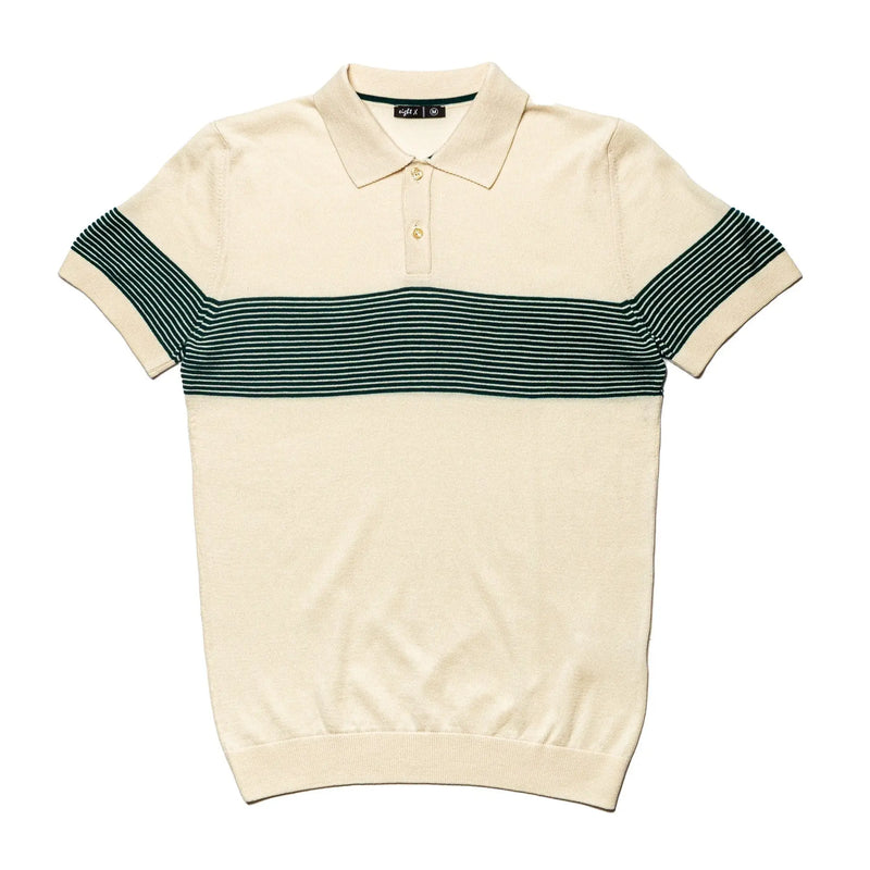 Eight X Cream Green Striped Chest Print Knit Polo