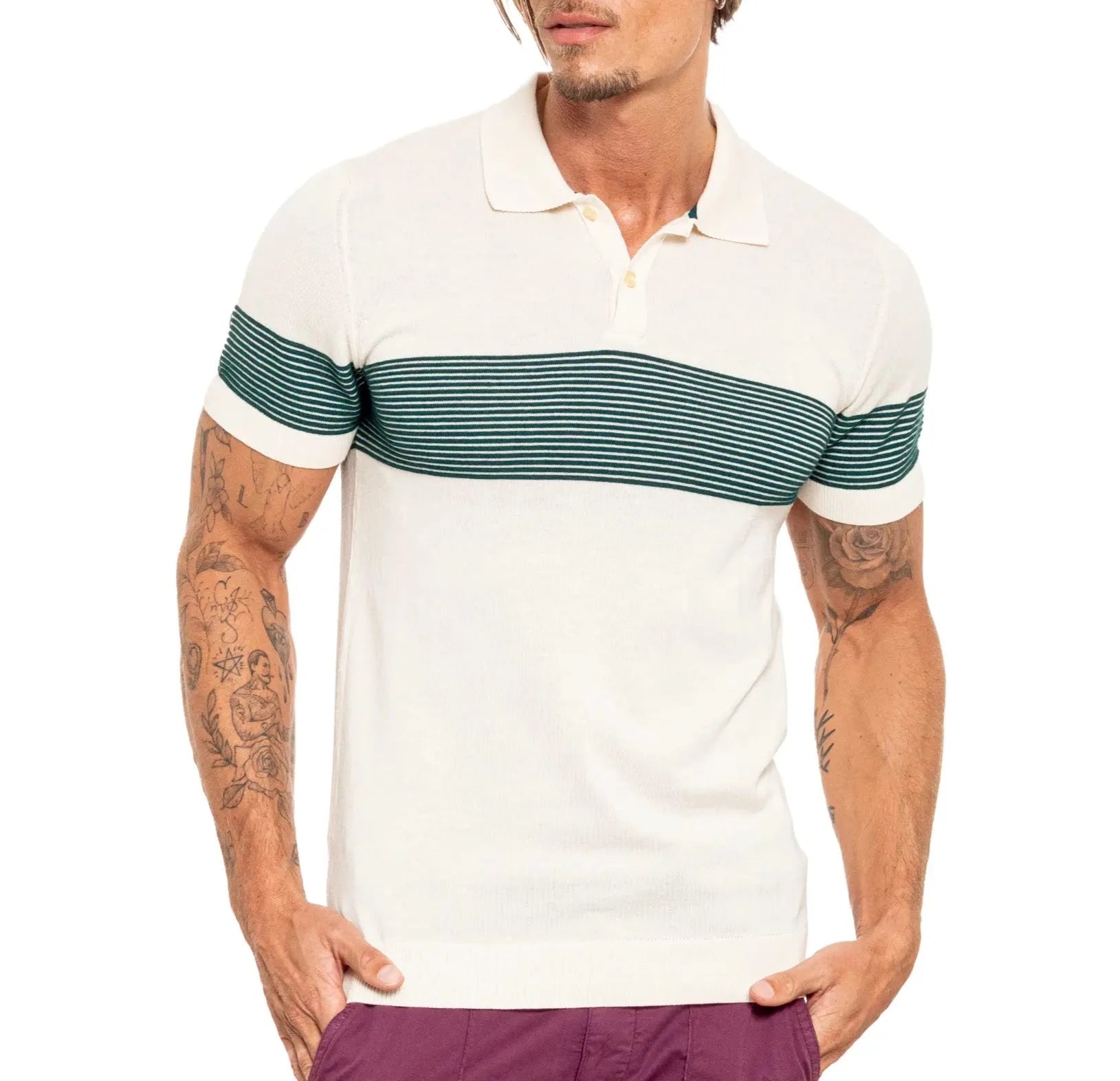 Faire,Eight X, Eight X Cream Green Striped Chest Print Knit Polo, Cream, Medium-41-TagXL