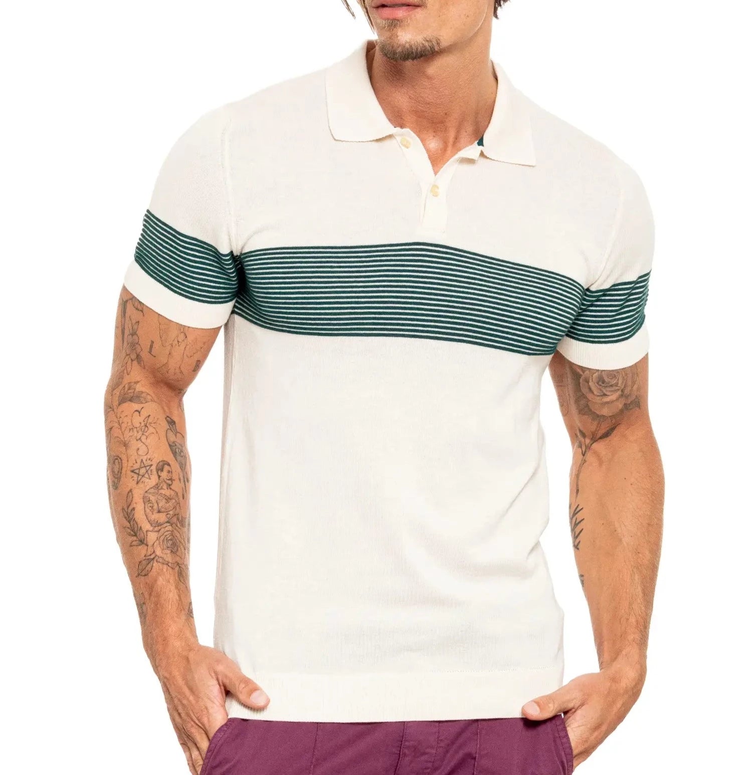 Faire,Eight X, Eight X Cream Green Striped Chest Print Knit Polo, Cream, Large-43-TagL