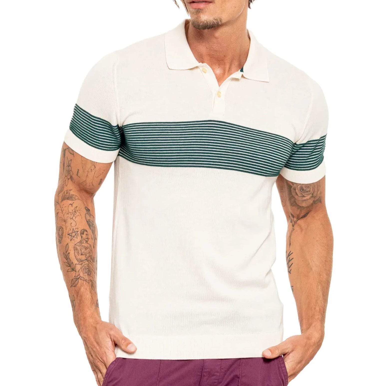 Faire,Eight X, Eight X Cream Green Striped Chest Print Knit Polo, Cream, Extra Extra Large-48-TagXXL