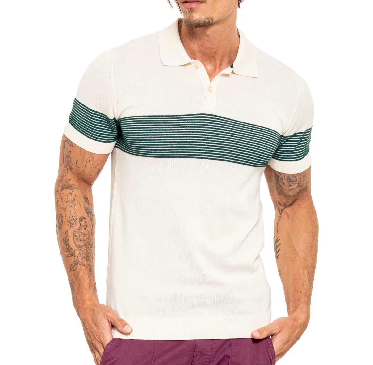 Faire,Eight X, Eight X Cream Green Striped Chest Print Knit Polo, Cream, Small-37-TagM