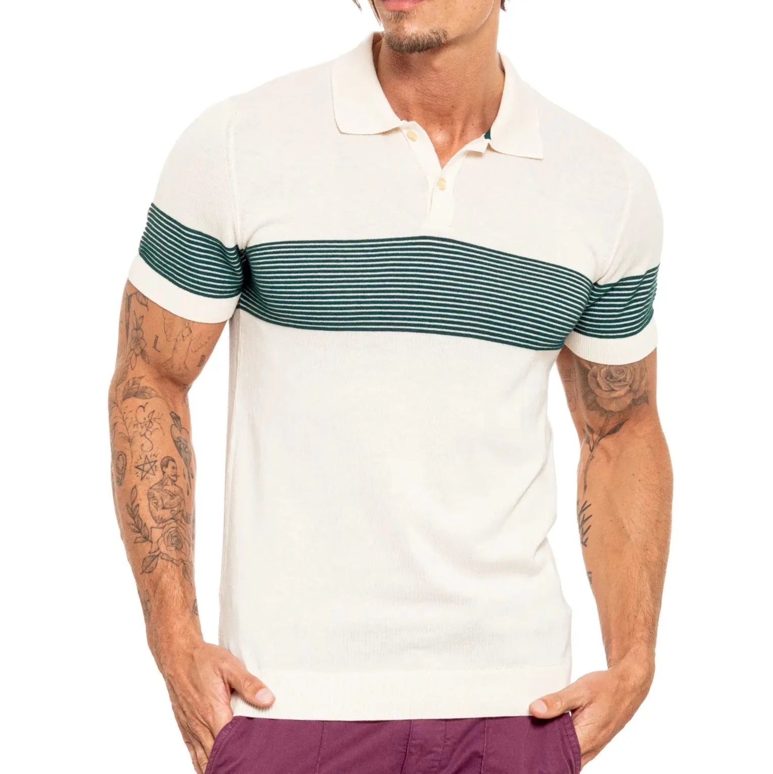 Faire,Eight X, Eight X Cream Green Striped Chest Print Knit Polo, Cream, Large-44-TagL
