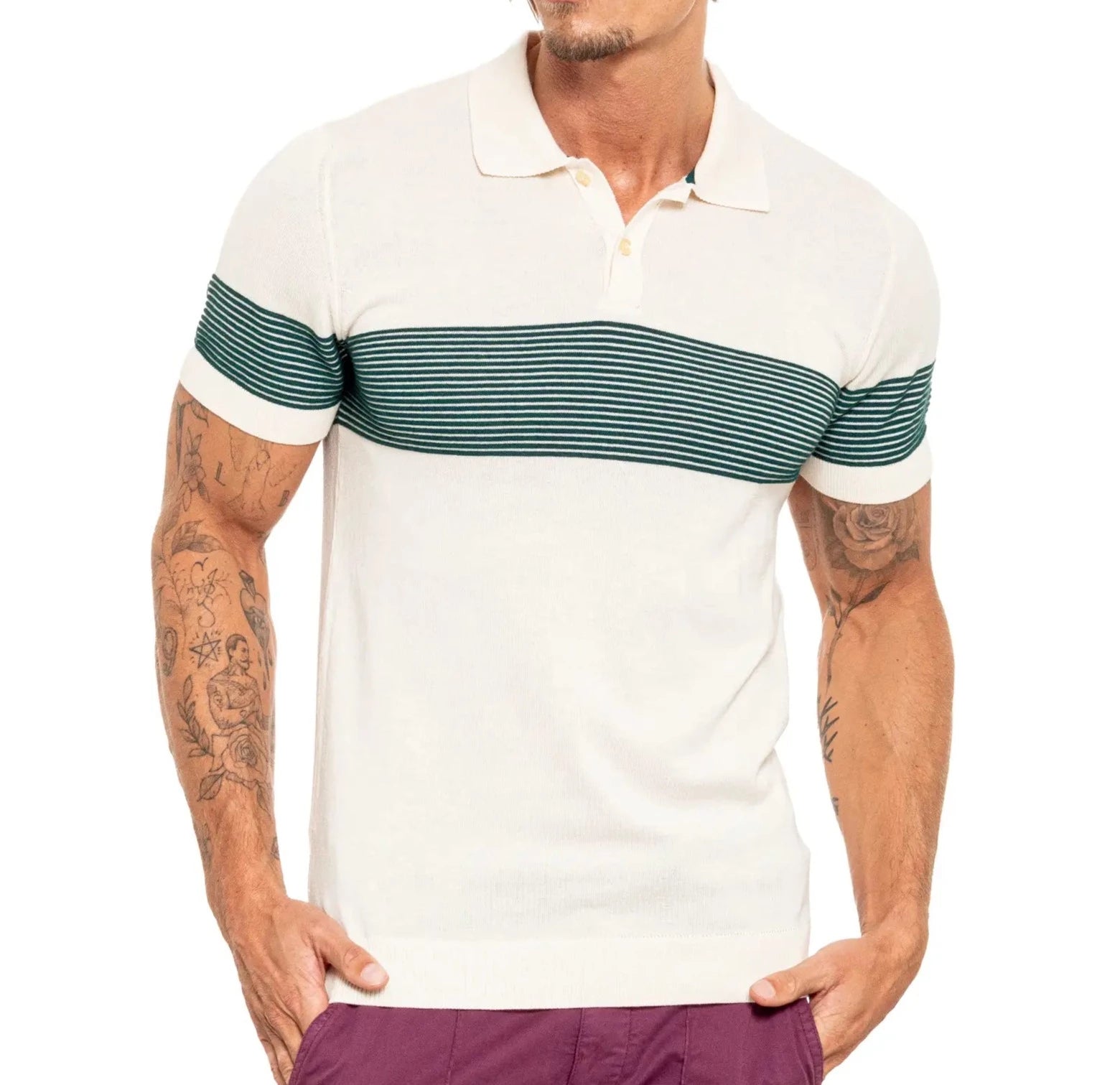 Faire,Eight X, Eight X Cream Green Striped Chest Print Knit Polo, Cream, Large-43-TagL
