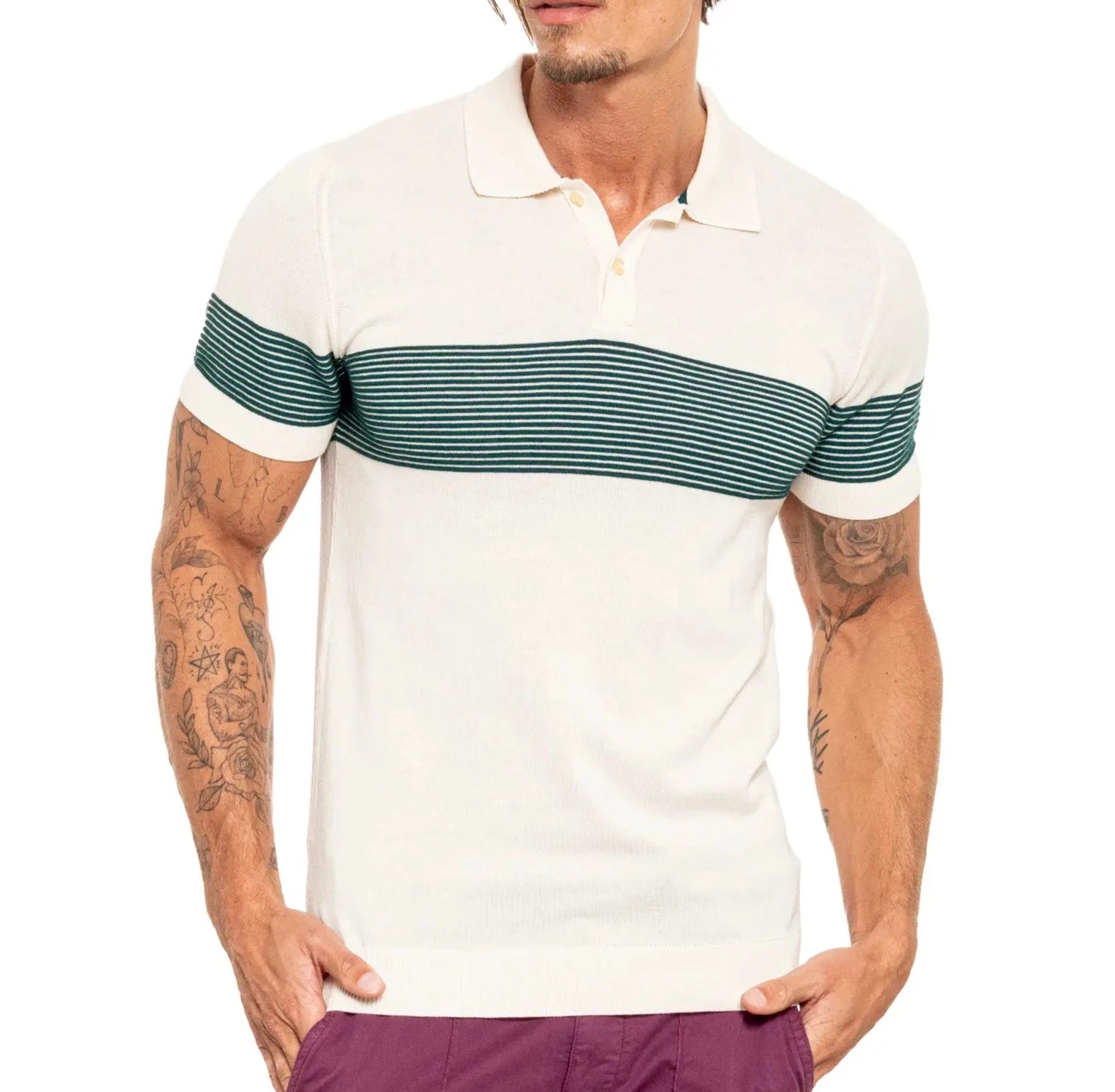 Faire,Eight X, Eight X Cream Green Striped Chest Print Knit Polo, Cream, Extra Large-45-TagXL