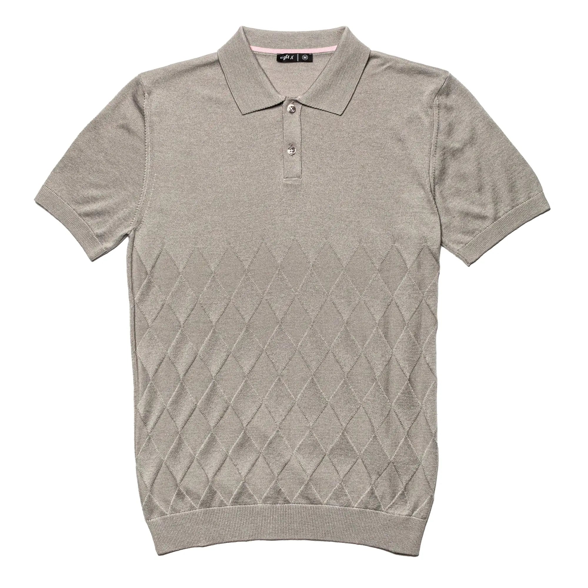 Faire,Eight X, Eight X Grey Argyle Print Shortsleeve Knit Polo, Grey, Large-45-TagXXLMedium-42-TagXLSmall-39-TagLLarge-42-TagLMedium-41-TagMMedium-41-TagXLLarge-43-TagXL