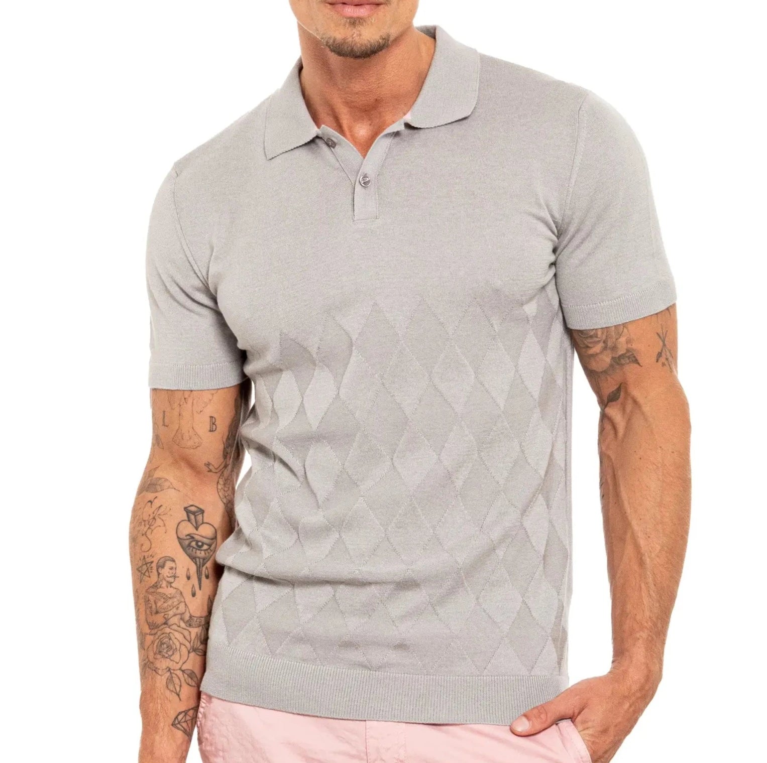 Faire,Eight X, Eight X Grey Argyle Print Shortsleeve Knit Polo, Grey, Medium-42-TagXL