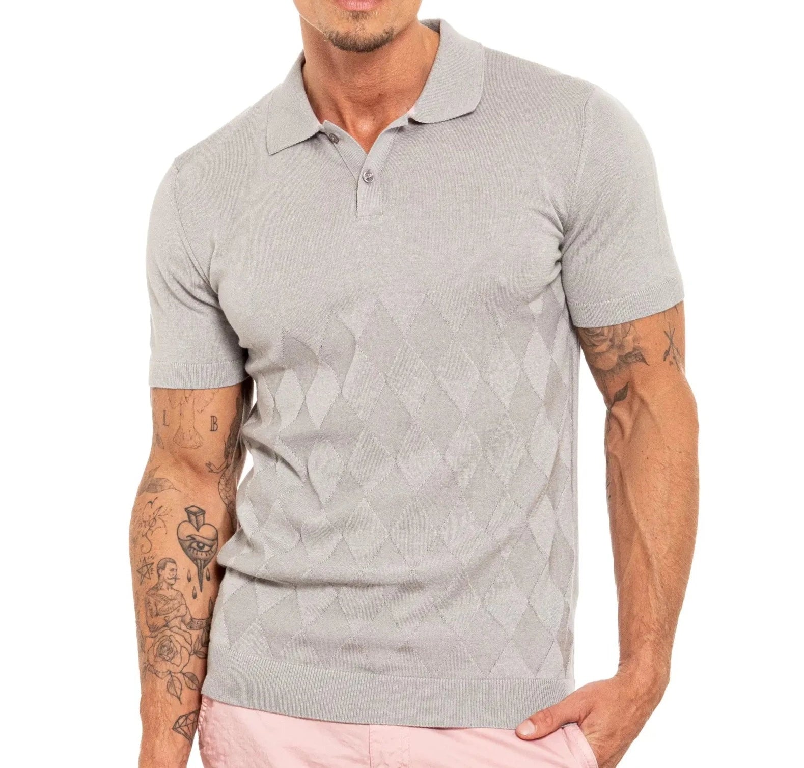 Faire,Eight X, Eight X Grey Argyle Print Shortsleeve Knit Polo, Grey, Large-42-TagL