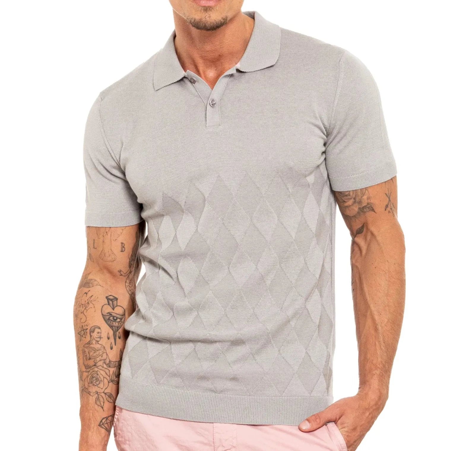 Faire,Eight X, Eight X Grey Argyle Print Shortsleeve Knit Polo, Grey, Small-39-TagL