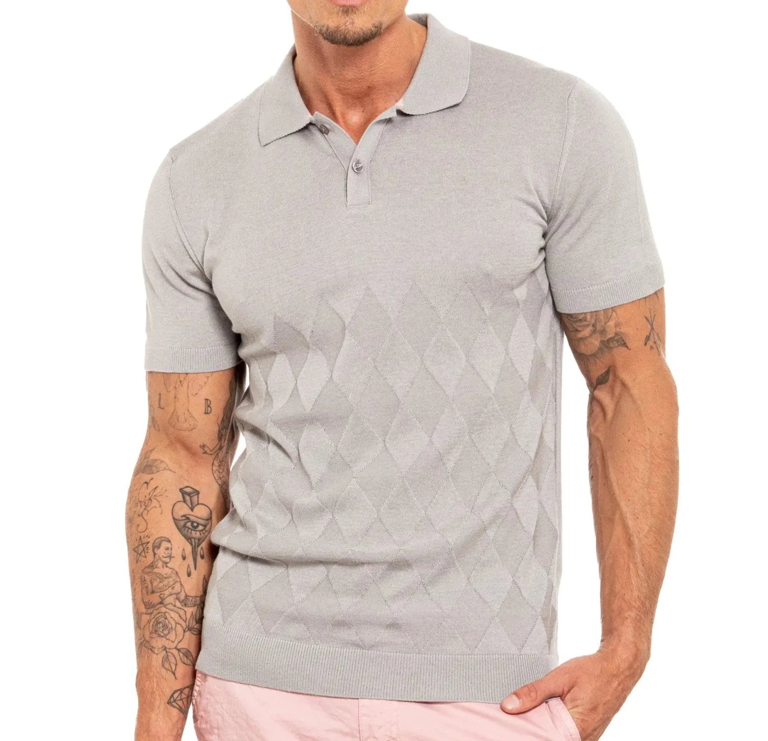 Faire,Eight X, Eight X Grey Argyle Print Shortsleeve Knit Polo, Grey, Small-39-TagL