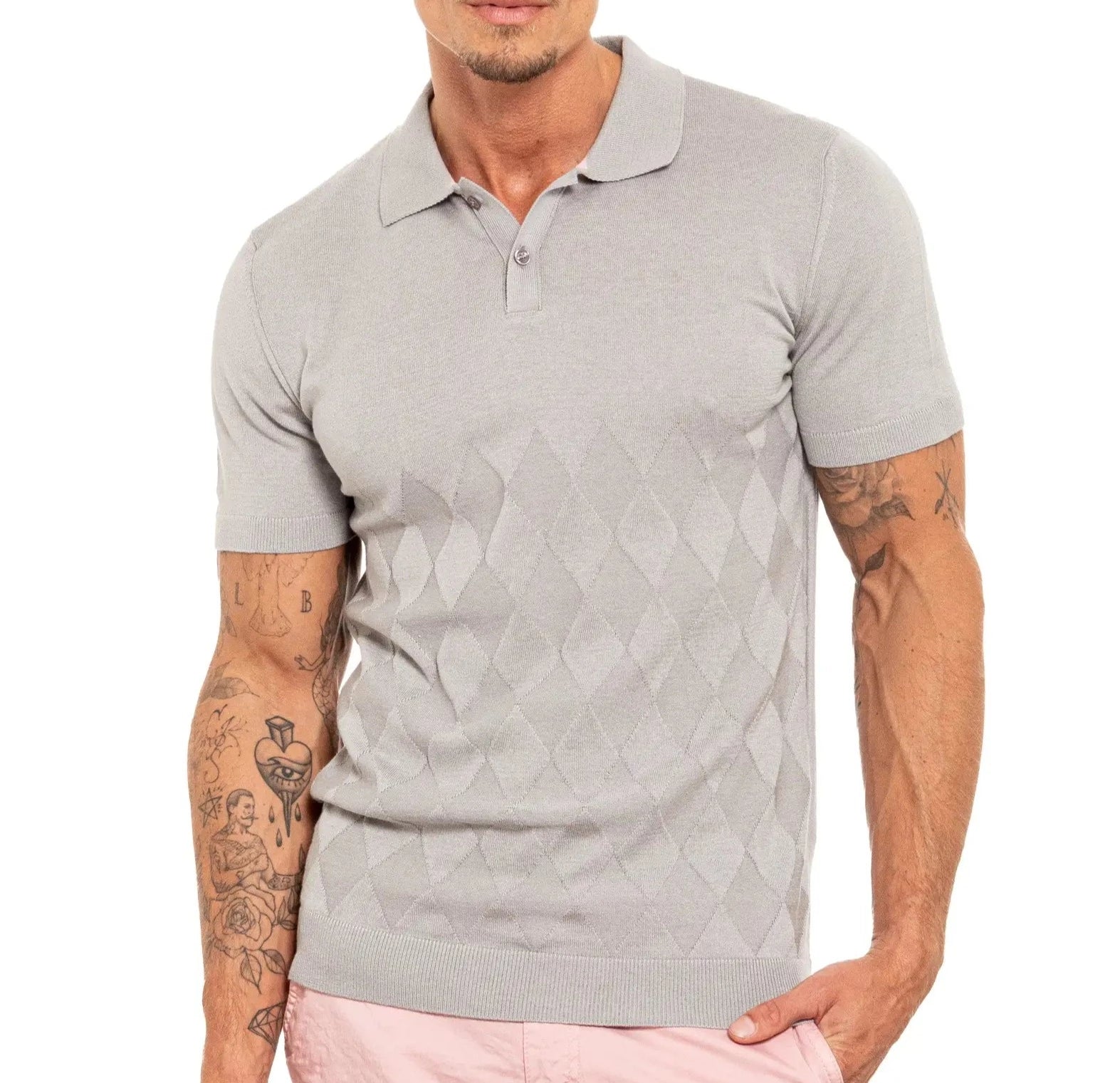 Faire,Eight X, Eight X Grey Argyle Print Shortsleeve Knit Polo, Grey, Large-43-TagXL