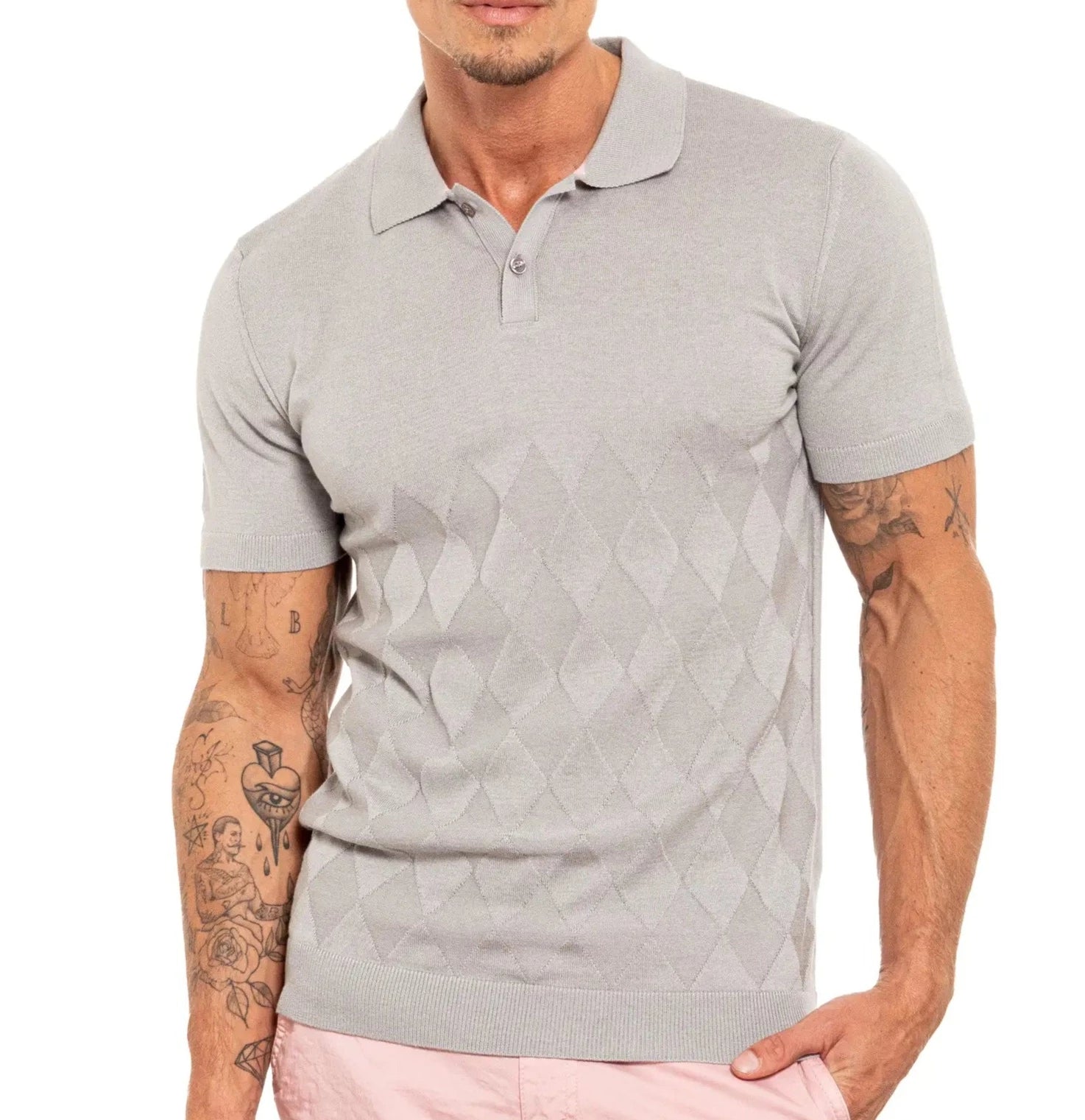 Faire,Eight X, Eight X Grey Argyle Print Shortsleeve Knit Polo, Grey, Medium-41-TagXL