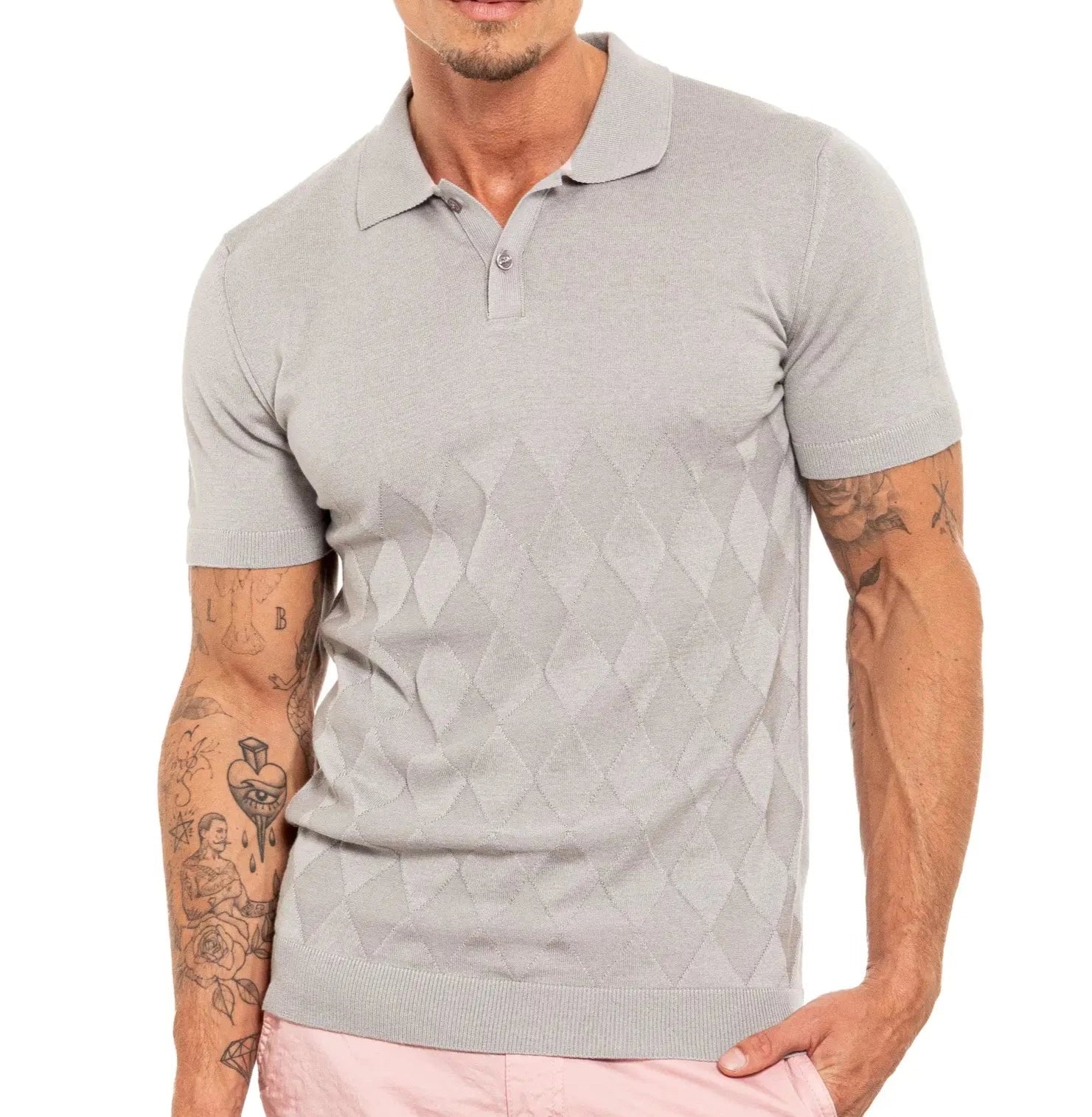 Faire,Eight X, Eight X Grey Argyle Print Shortsleeve Knit Polo, Grey, Large-45-TagXXLMedium-42-TagXLSmall-39-TagLLarge-42-TagLMedium-41-TagMMedium-41-TagXLLarge-43-TagXL