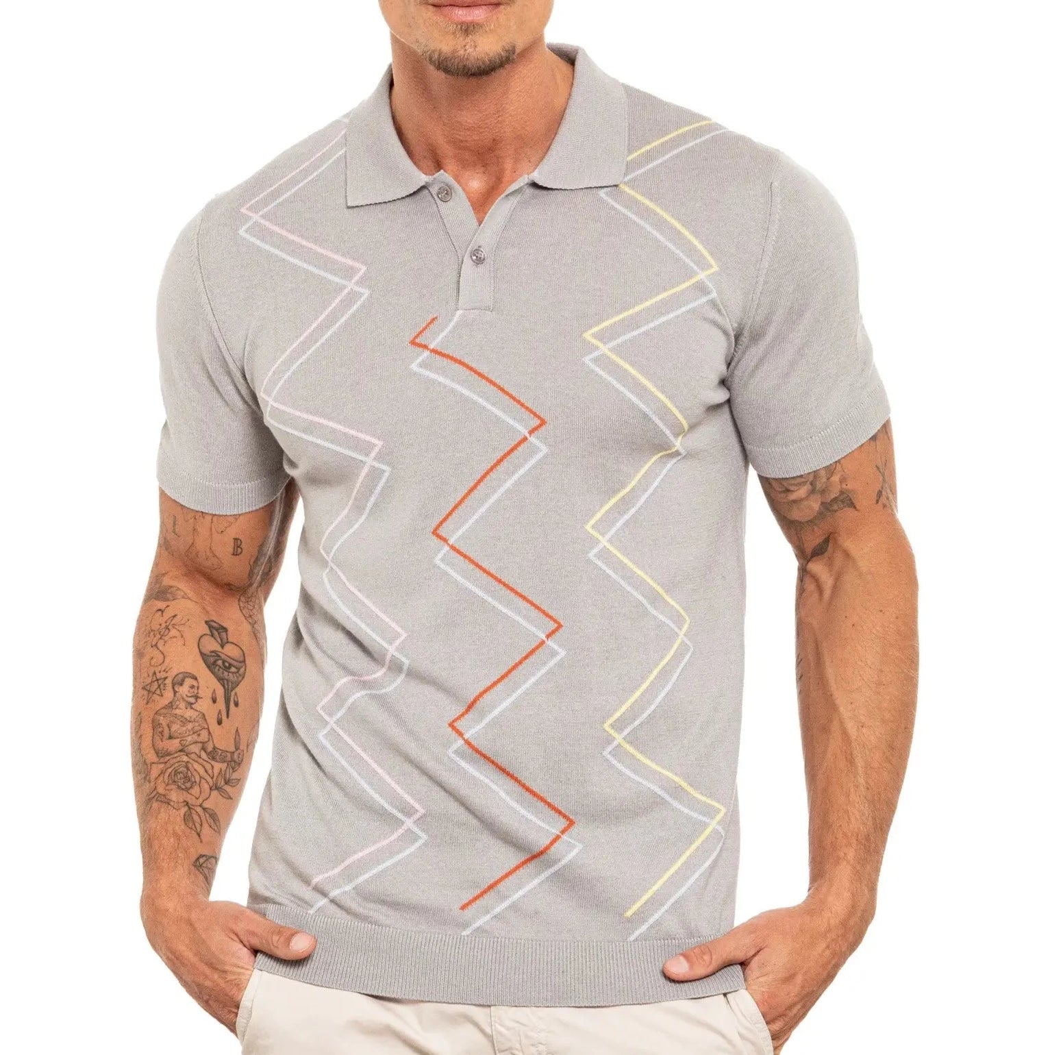 Faire,Eight X, Eight X Grey Zig Zag Print Shortsleeve Knit Polo, Grey, Medium-41-TagM