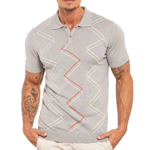 Eight X Grey Zig Zag Print Shortsleeve Knit Polo