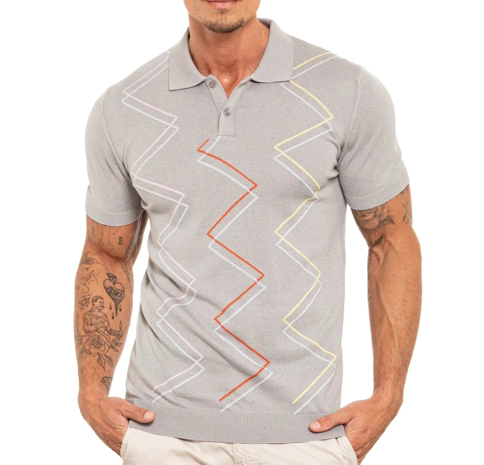 Faire,Eight X, Eight X Grey Zig Zag Print Shortsleeve Knit Polo, Grey, Small-38-TagL