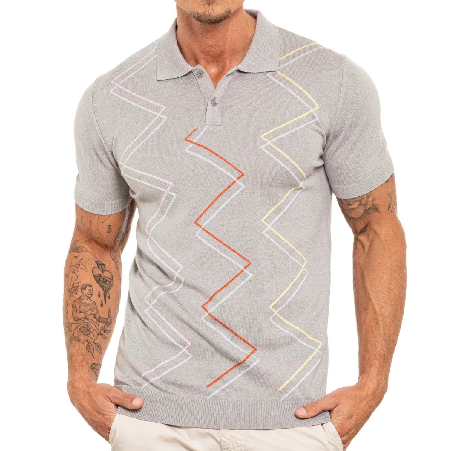 Faire,Eight X, Eight X Grey Zig Zag Print Shortsleeve Knit Polo, Grey, Medium-40-TagL