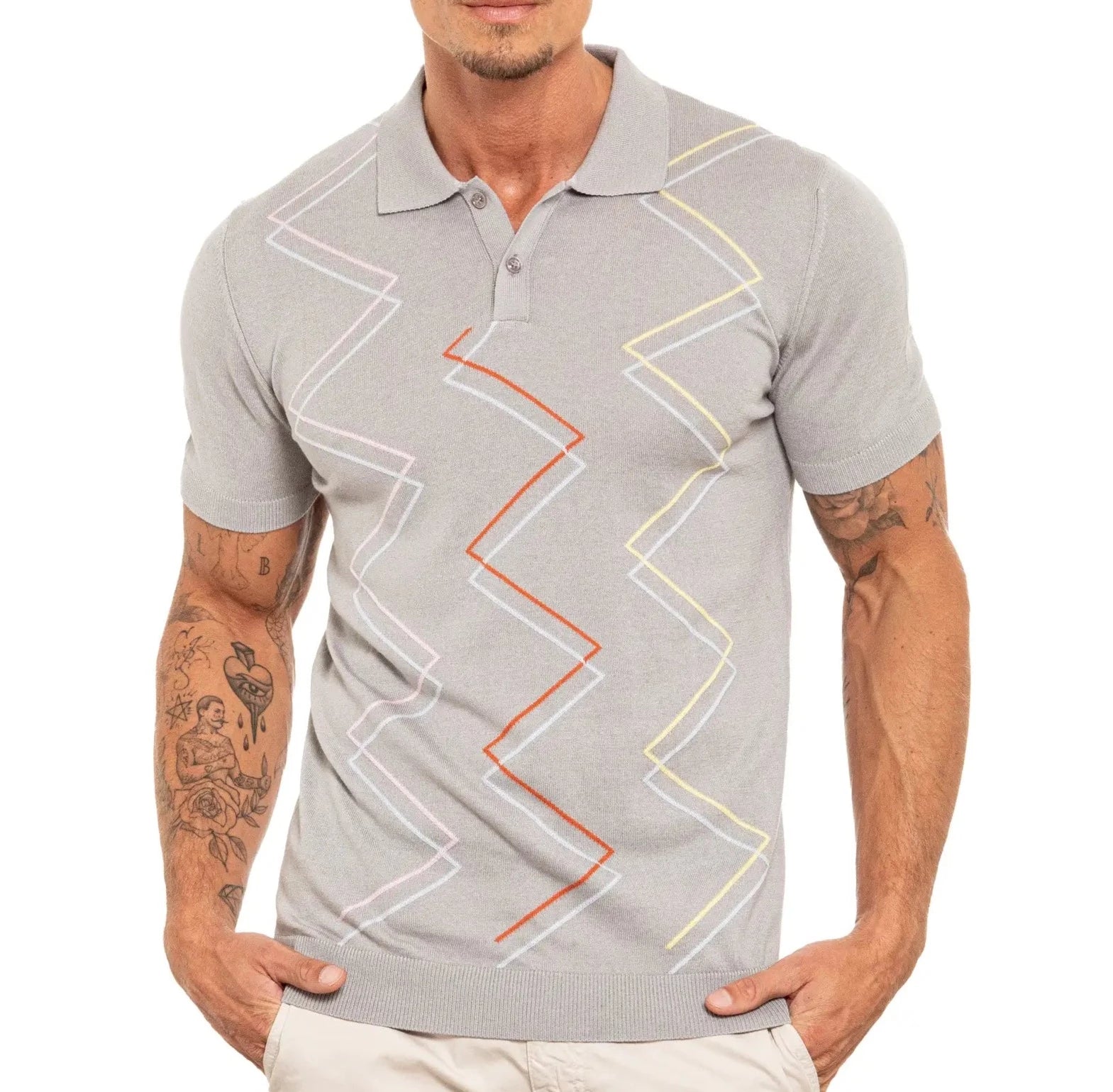 Faire,Eight X, Eight X Grey Zig Zag Print Shortsleeve Knit Polo, Grey, Medium-42-TagXL