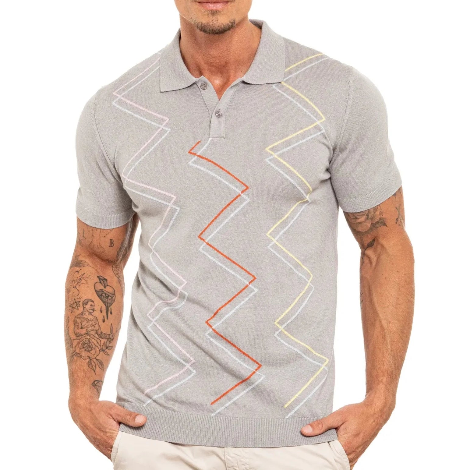 Faire,Eight X, Eight X Grey Zig Zag Print Shortsleeve Knit Polo, Grey, Medium-42-TagXL