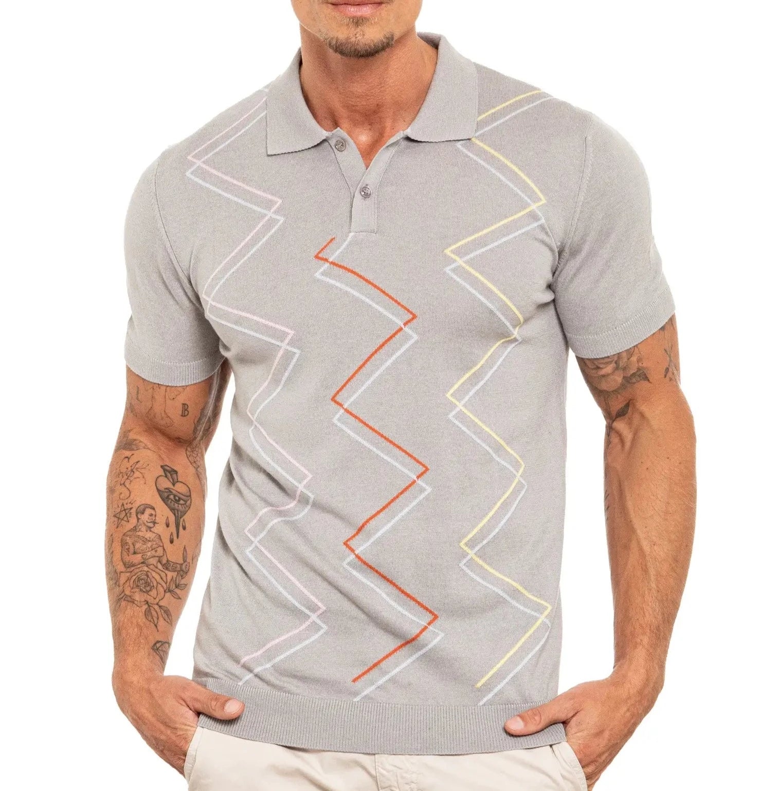 Faire,Eight X, Eight X Grey Zig Zag Print Shortsleeve Knit Polo, Grey, Medium-42-TagXL
