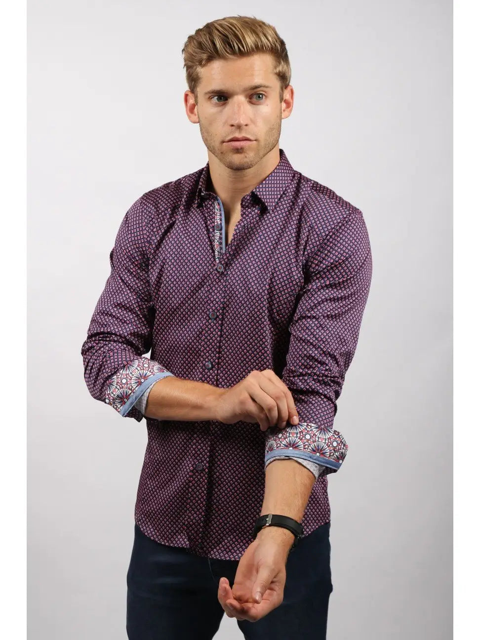 Faire,Eight X, Eight X Navy And Red Floral Square Dot Print Slim Fit Long Sleeve Button Up Shirt, Blue, Extra Extra Large-51-TagXXXL