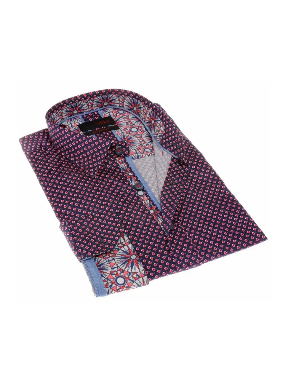 Faire,Eight X, Eight X Navy And Red Floral Square Dot Print Slim Fit Long Sleeve Button Up Shirt, Blue, Extra Extra Large-51-TagXXXL