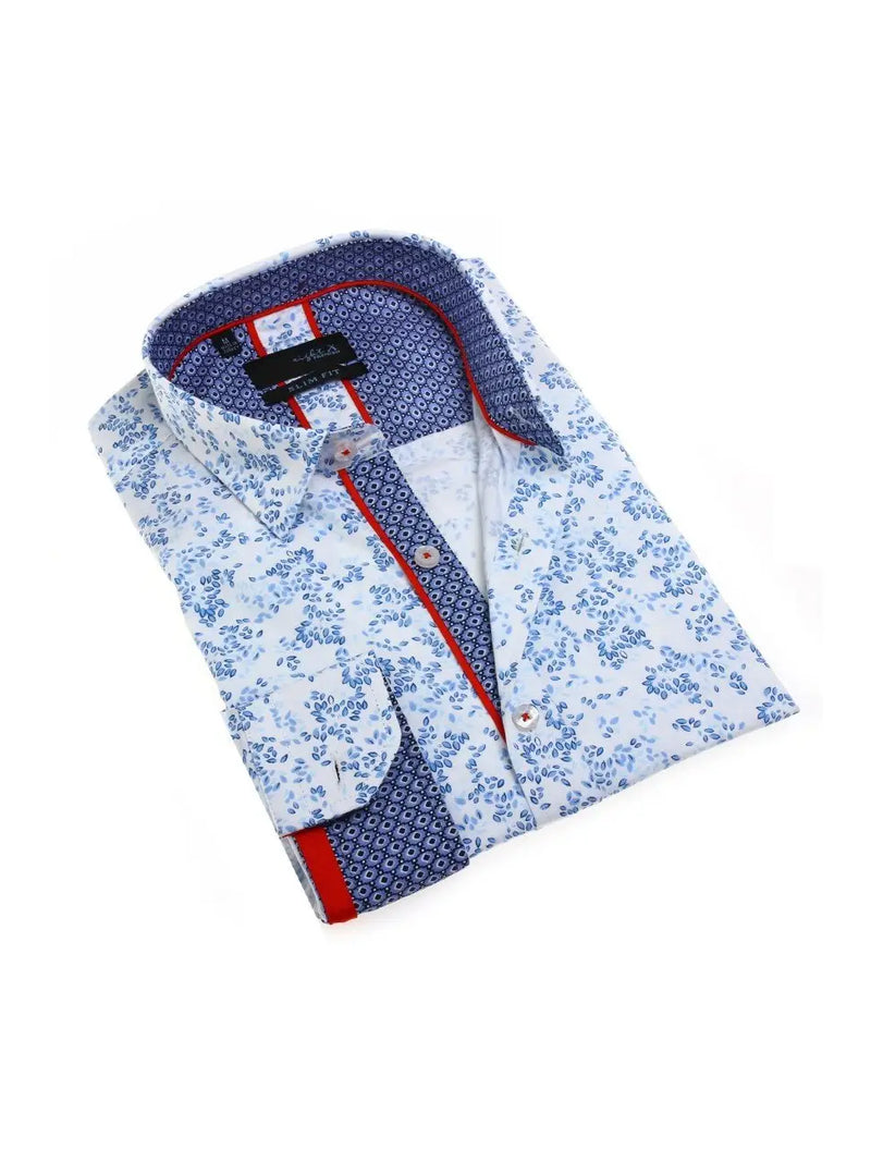 Eight X White And Blue Floral Leaf Print Slim Fit Long Sleeve Button Up Shirt