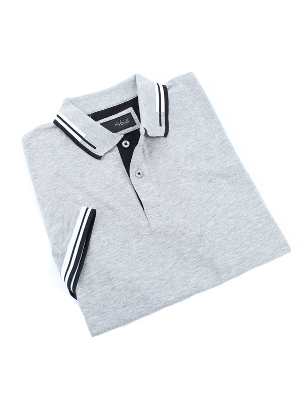 Eight X Grey Heathered Short Sleeve Knit Polo With White And Black Detail