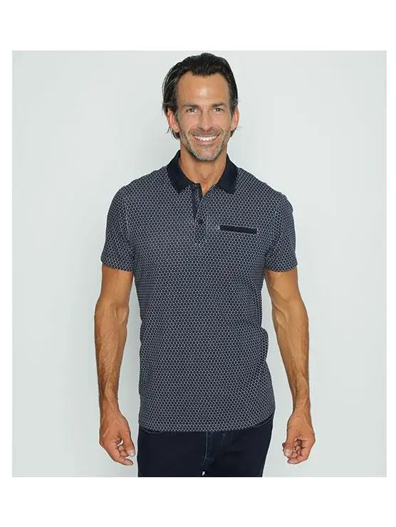 Faire,Eight X, Eight X Navy Abstract Circle Print Short Sleeve Knit Polo, Blue, Extra Large-47-TagXXL