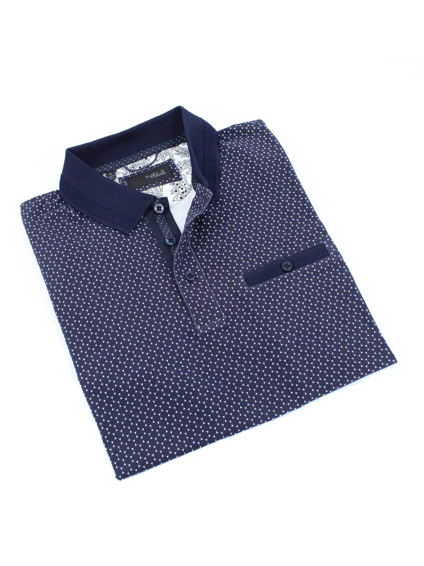 Faire,Eight X, Eight X Navy Abstract Circle Print Short Sleeve Knit Polo, Blue, Extra Large-48-TagXXLExtra Large-47-TagXXL