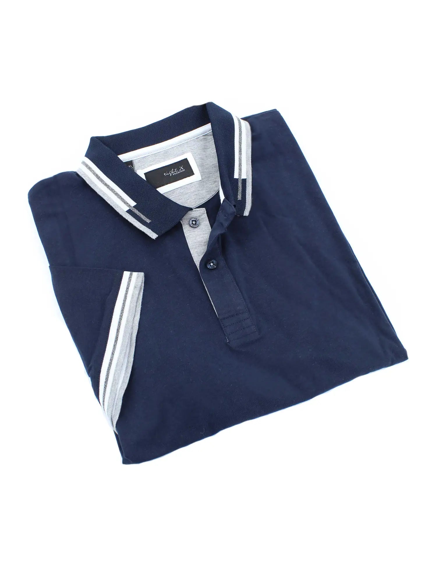 Faire,Eight X, Eight X Navy Knit Short Sleeve Polo With Collar And Sleeve Contrast Detail, Blue, Extra Large-46-TagXXL
