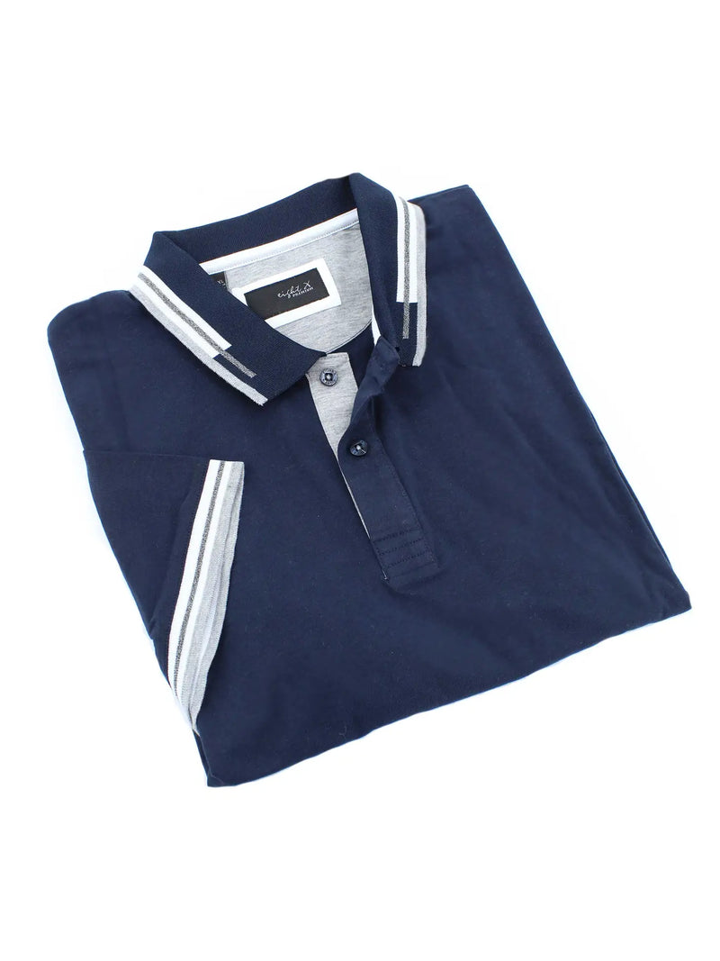Eight X Navy Knit Short Sleeve Polo With Collar And Sleeve Contrast Detail