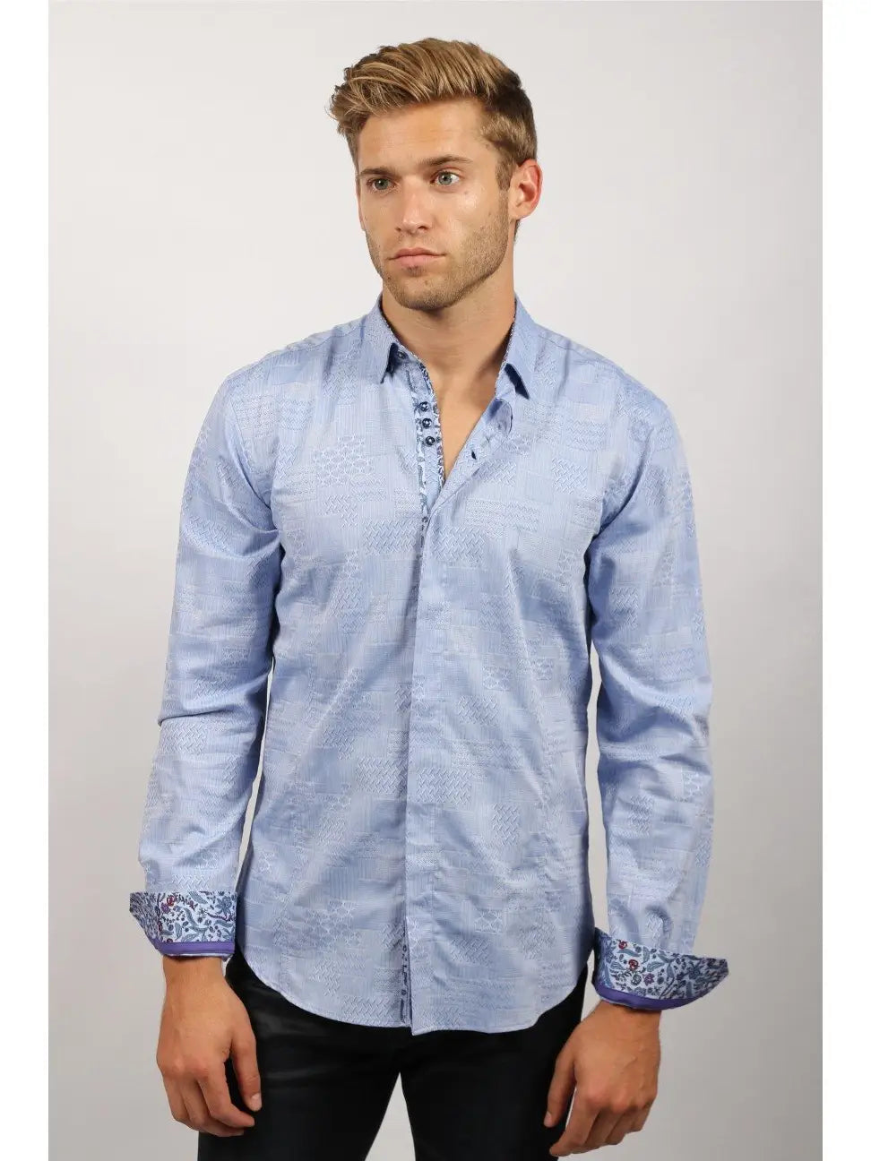 Faire,Eight X, Eight X Light Blue Patchwork Textured Print Slim Fit Long Sleeve Button Up Shirt With 3 Button Detail, Blue, Medium-42-TagM