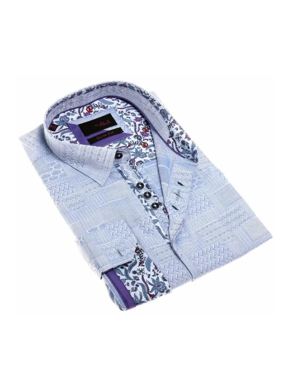 Faire,Eight X, Eight X Light Blue Patchwork Textured Print Slim Fit Long Sleeve Button Up Shirt With 3 Button Detail, Blue, Medium-42-TagM