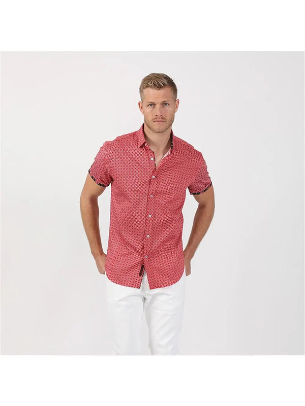 Eight X Vivid Red Square And Blue Dot Print Slim Fit Short Sleeve Button Up Shirt