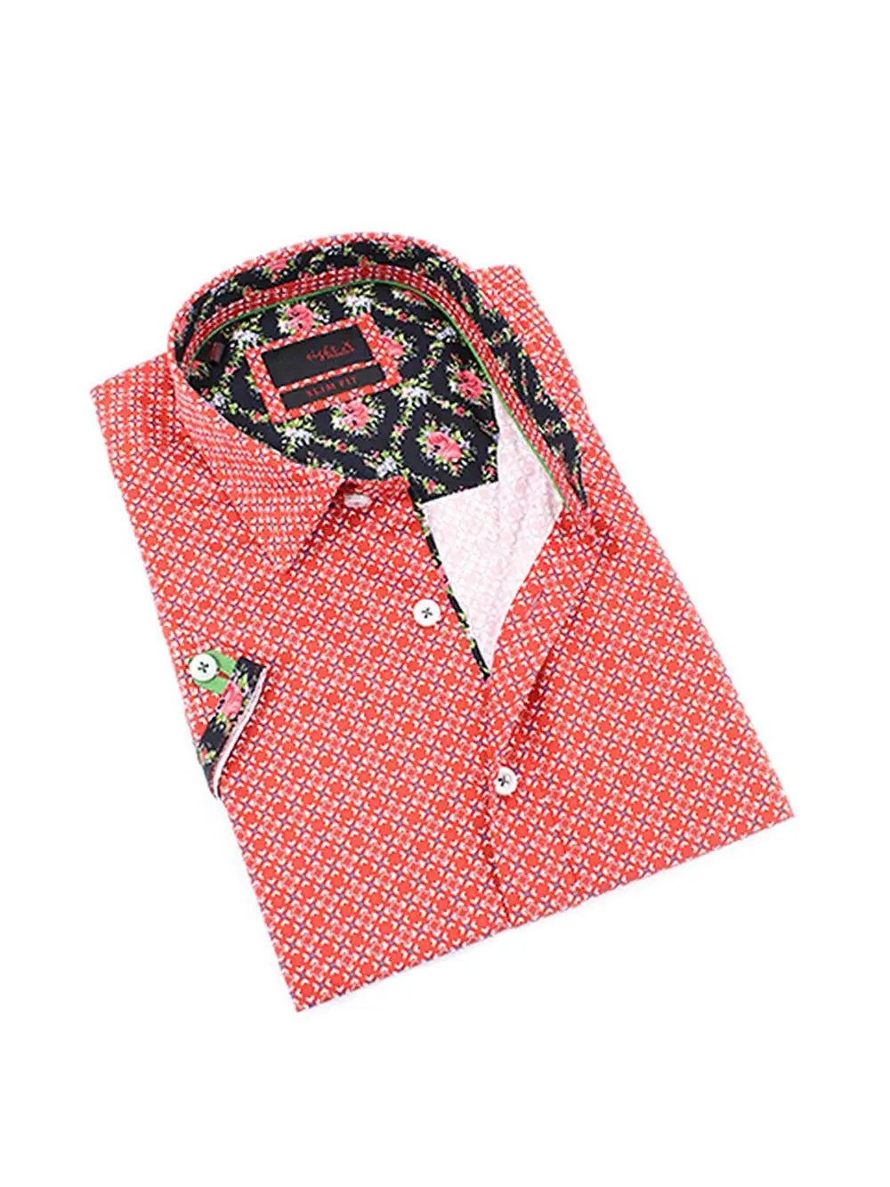 Faire,Eight X, Eight X Vivid Red Square And Blue Dot Print Slim Fit Short Sleeve Button Up Shirt, Red, Large-46-TagXL
