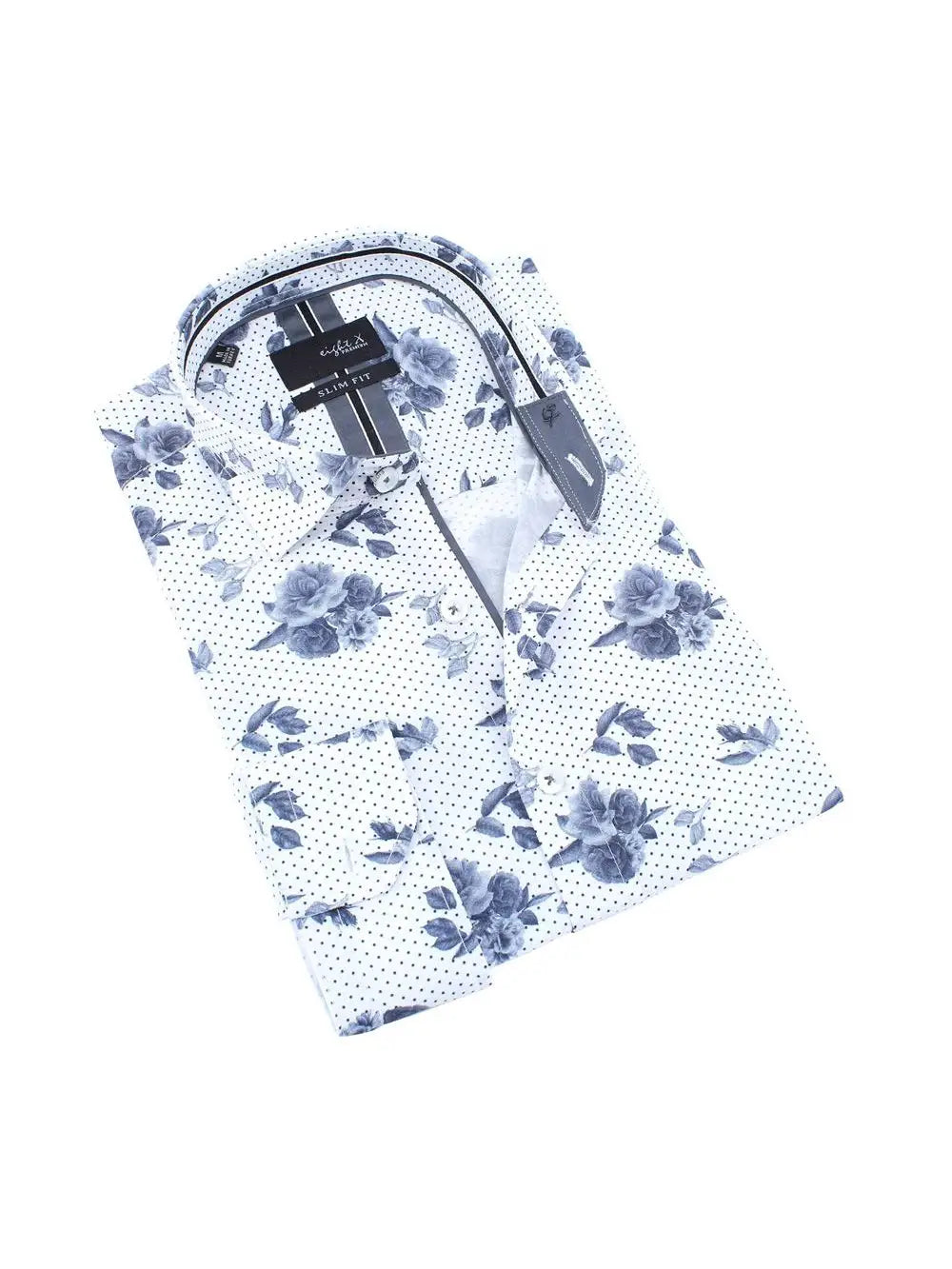 Faire,Eight X, Eight X White With Blue Grey Floral Dot Print Slim Fit Long Sleeve Button Up Shirt, White, Extra Large-48-TagXXL