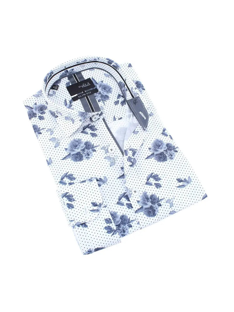 Eight X White With Blue Grey Floral Dot Print Slim Fit Long Sleeve Button Up Shirt