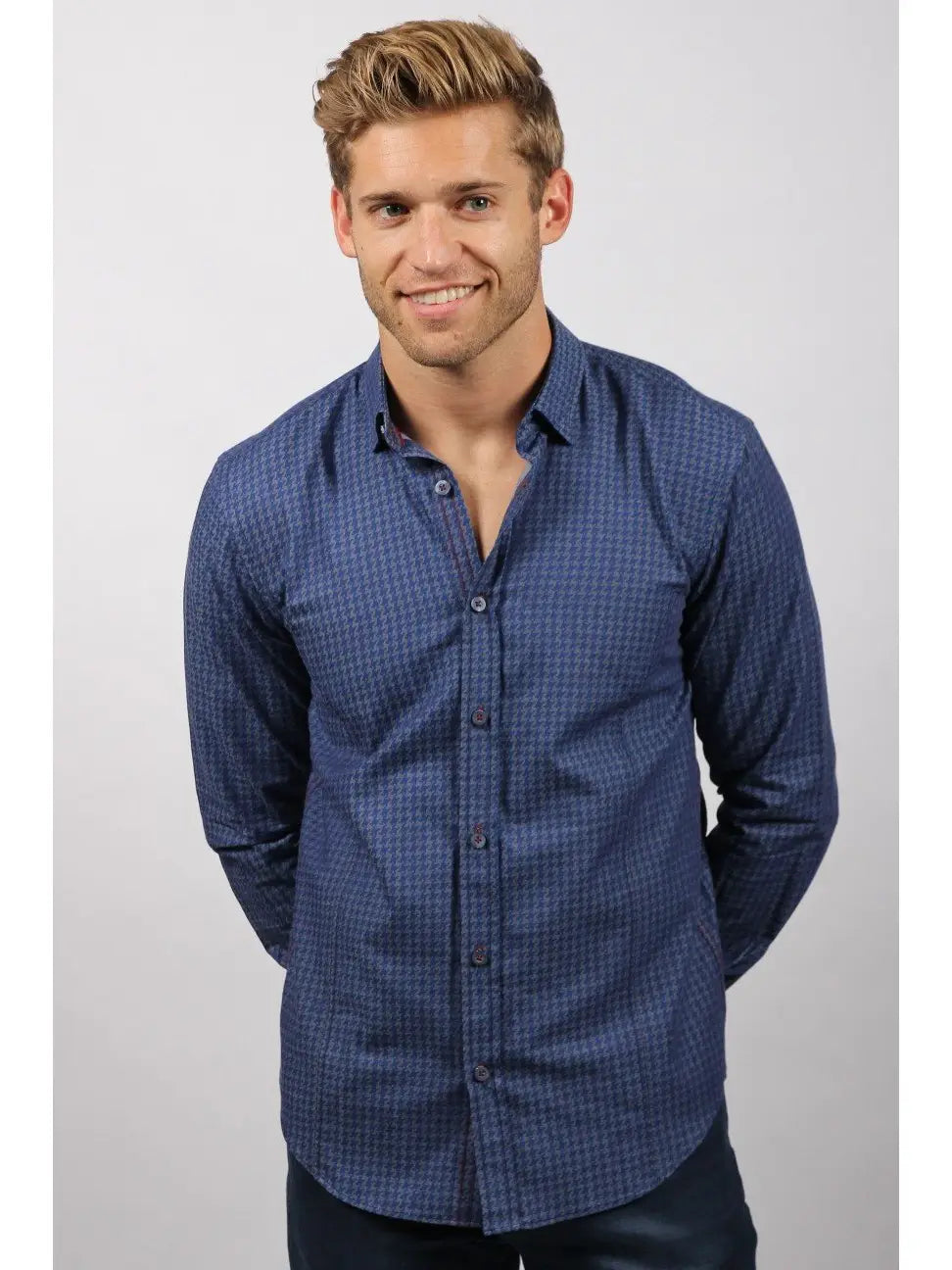 Faire,Eight X, Eight X Blue And Grey Houndstooth Print Slim Fit Long Sleeve Button Up Shirt, Blue, Medium-44-TagL