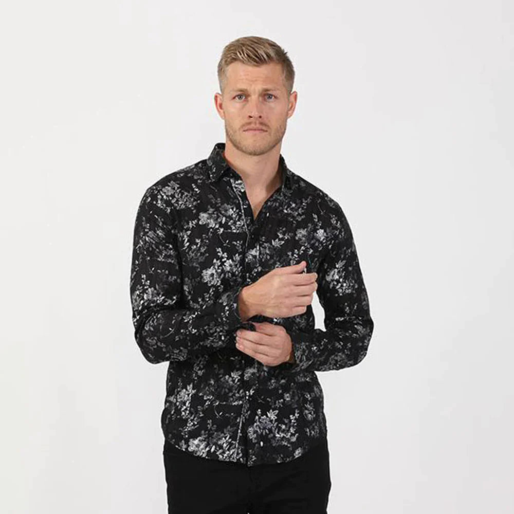 Faire,Eight X, Eight X Black Metalic Floral Print Button Up, Black, Small-40-TagMSmall-40-TagLMedium-44-TagXL