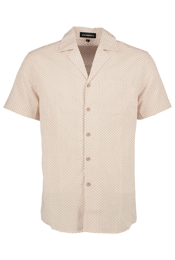 Eleven Paris Beige Foral Batik Camp Collar Short Sleeve Button Up Shirt