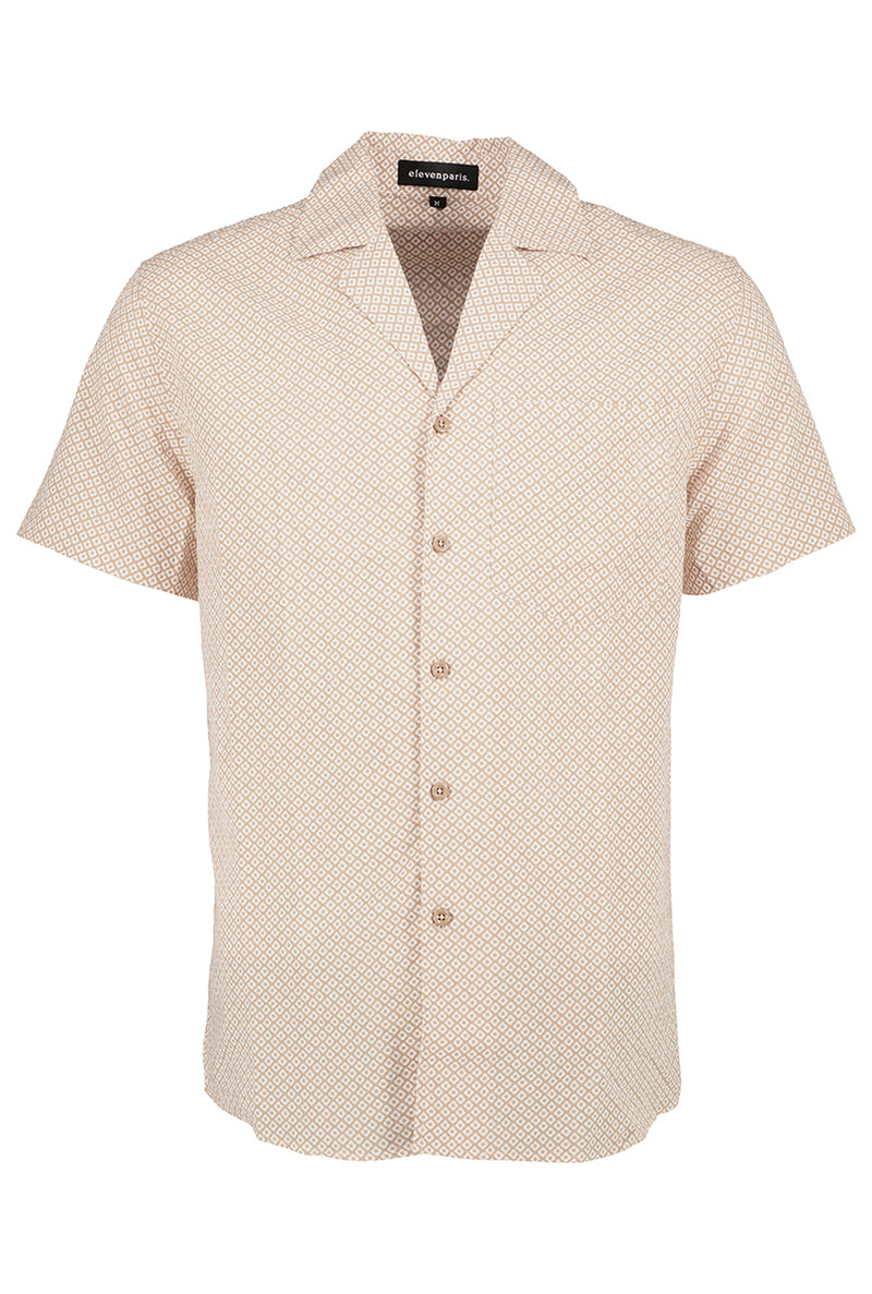 Eleven Paris Beige Foral Batik Camp Collar Short Sleeve Button Up Shirt