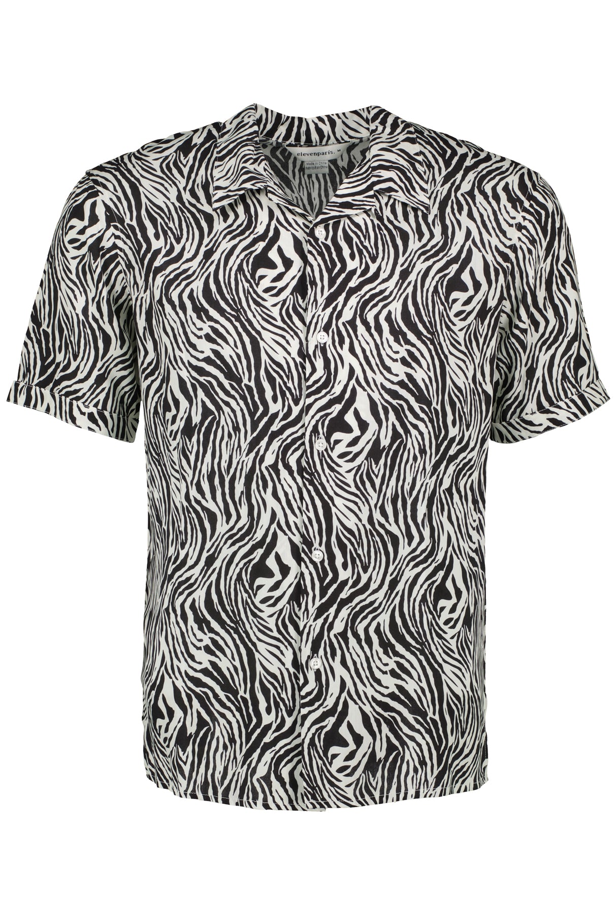 Wholesale,Eleven Paris, Eleven Paris Black Zebra Print Camp Collar Short Sleeve Shirt, Black, Large-45-TagL