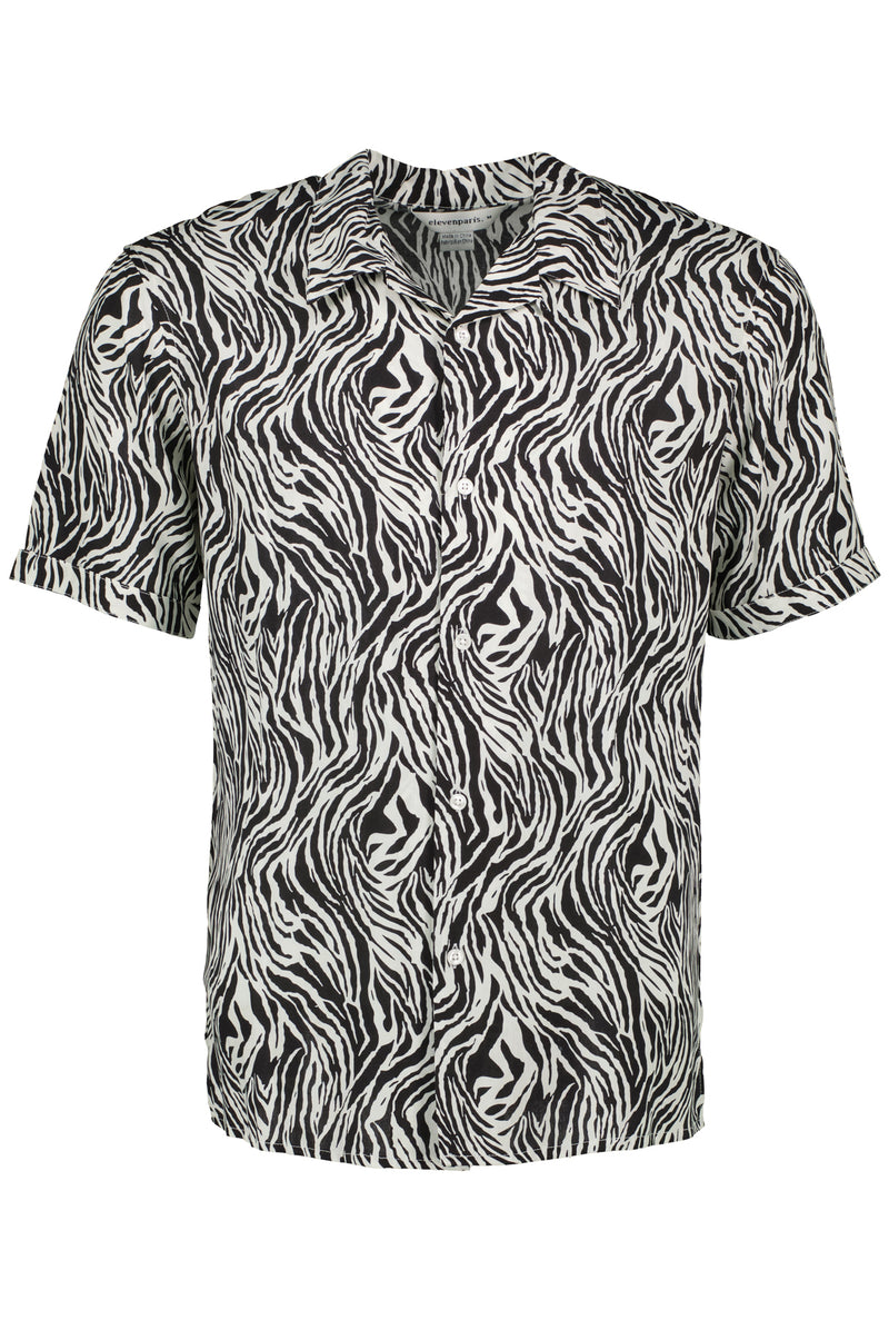 Eleven Paris Black Zebra Print Camp Collar Short Sleeve Shirt